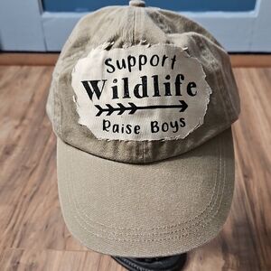 Tan Ball Cap with "Support Wildlife Raise Boys" Graphic Print